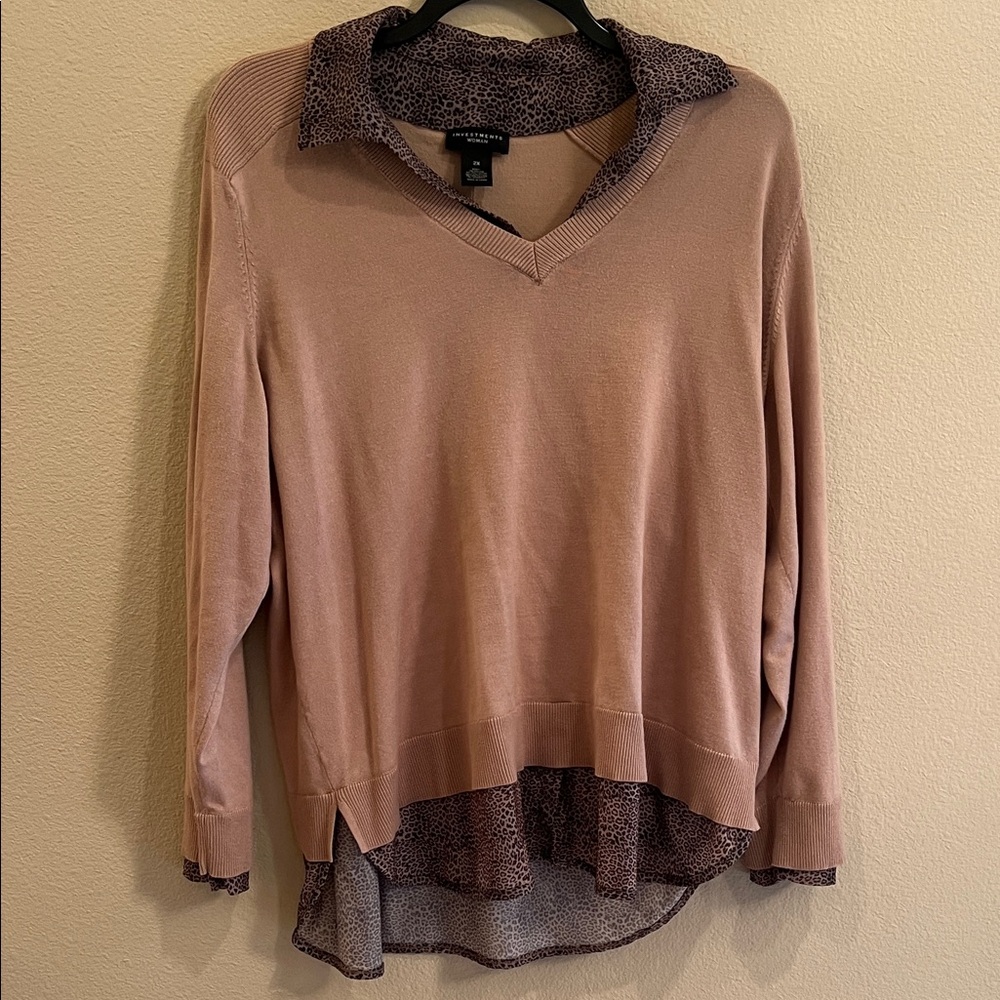 Investments Beige Sweater with Animal Print Collar